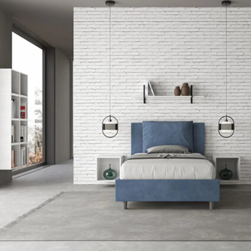 Letto una piazza e mezza senza rete imbottito 120x190 microfibra blu Antea