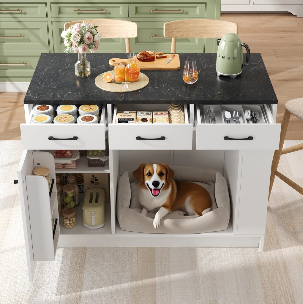 Isola da cucina con area per animali; 3 cassetti e ripiano regolabile; bianco