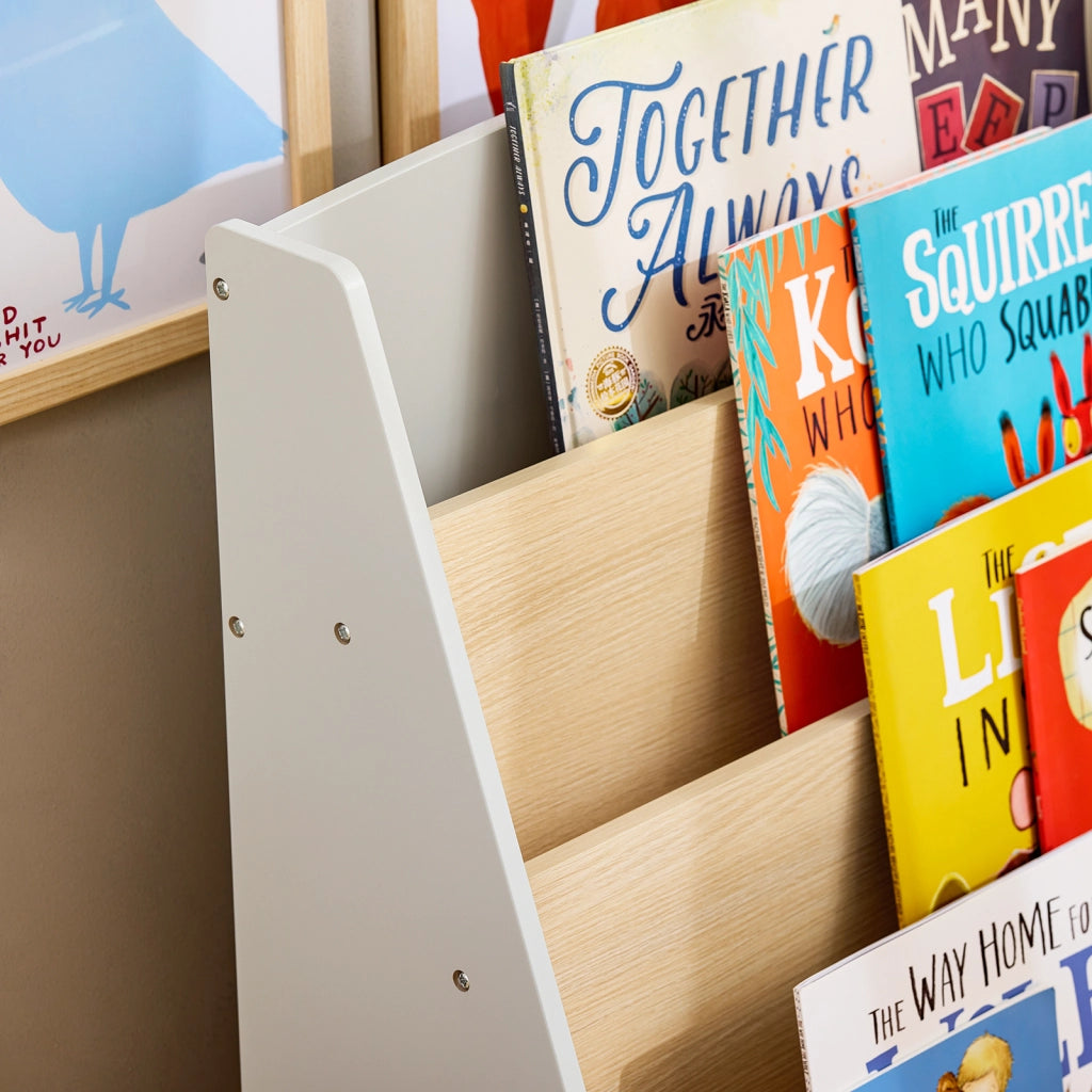 SoBuy Libreria per Bambini Scaffale a Scala Scaffale Portaoggetti Libreria a Scala Grigio-Naturale 61x30x71cm KMB106-HG