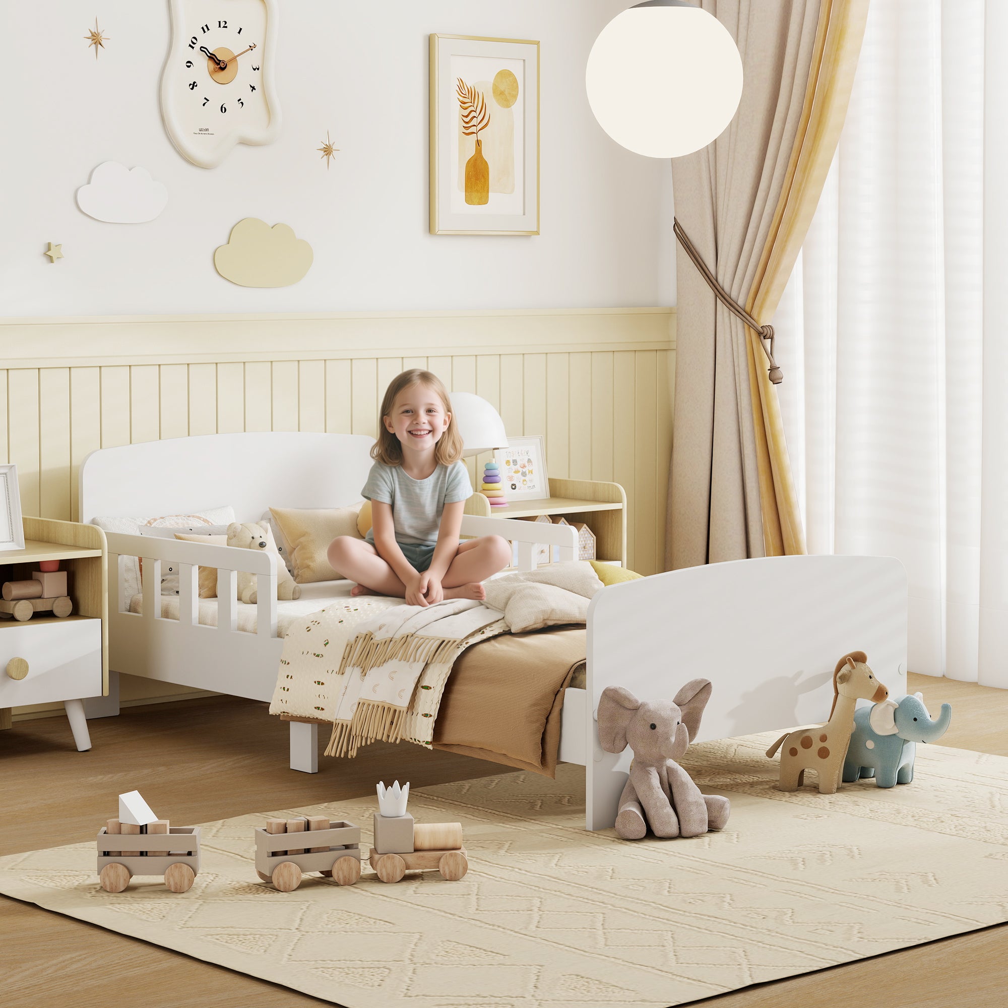 Letto per Bambini 3-8 Anni Basso con Sponde Laterali e Bordi Lisci 143.5x74.2x54 cm in Legno Bianco