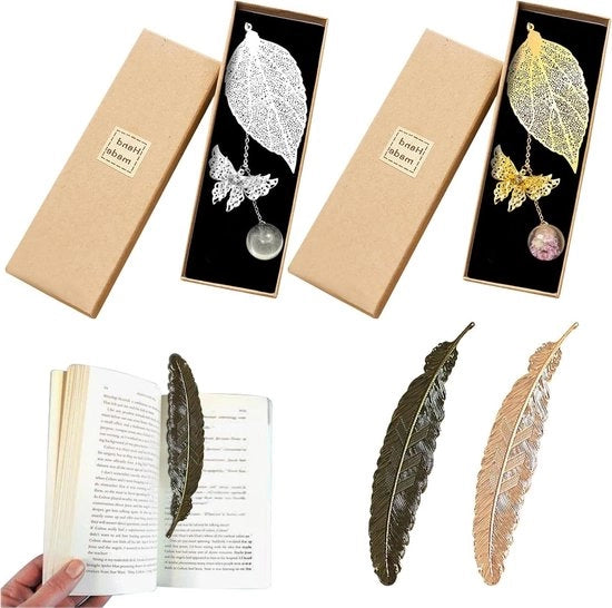 Bladewijzers con piume e fiori essiccati, decorazione di libri in scatola di regalo