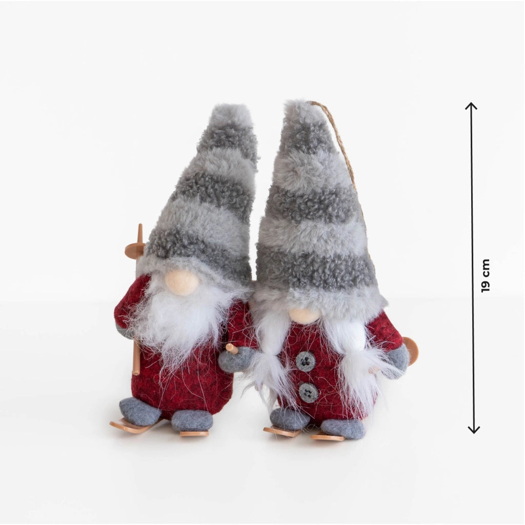 Set 4 Gnomi Natalizi 22 cm con Sci e Slitta Decorazioni Natale in Feltro con Cordino per Appenderli Gnomi Rossi, Animalier e Righe  Addobbi per Casa Righe