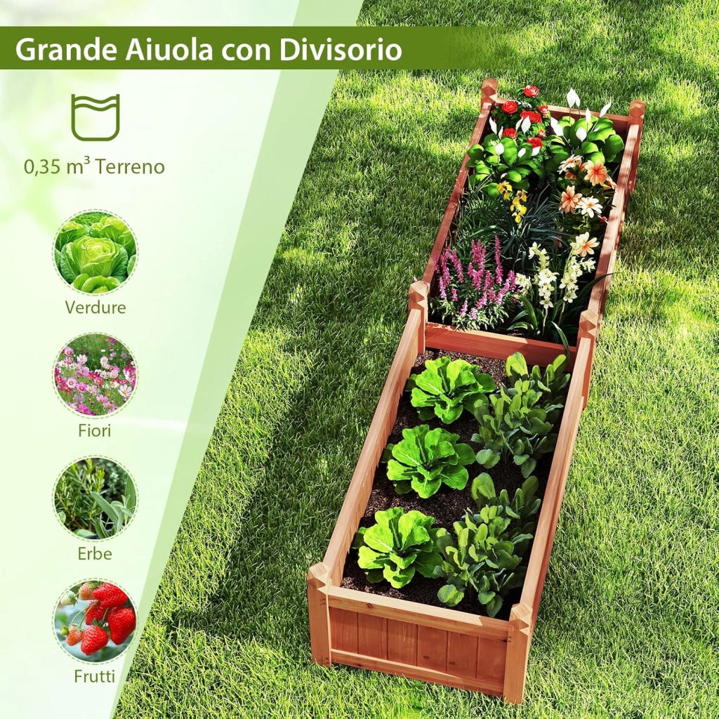 Letto da Esterno Rialzato in Legno, Fioriera Rettangolo con Divisorio, Sistema di Drenaggio, Fodera in Tessuto non Tessuto, Orto Rialzato per Giardino e Cortile, 227 x 59,5 x 40 cm (Marrone)