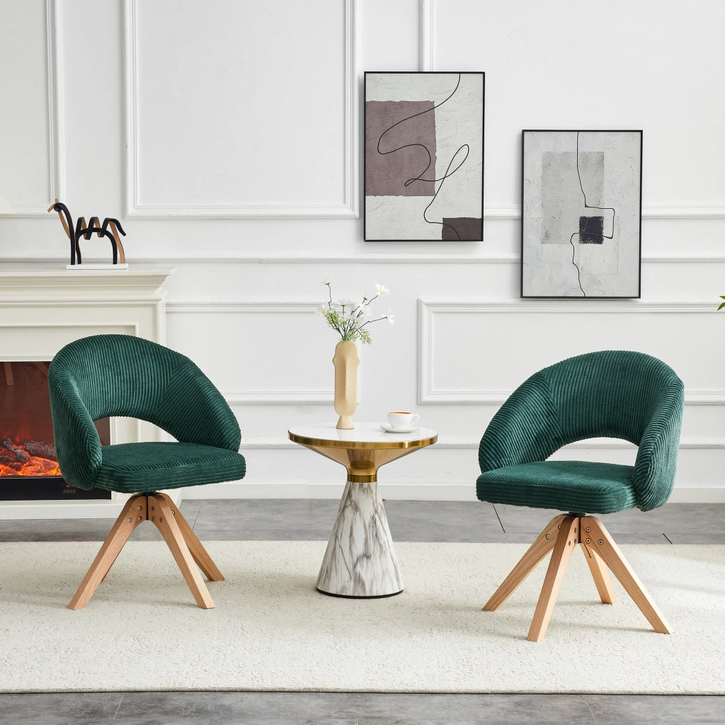 Sedia da pranzo set da 2 girevole a 360° con schienale avvolgente e gambe in legno, velluto verde scuro