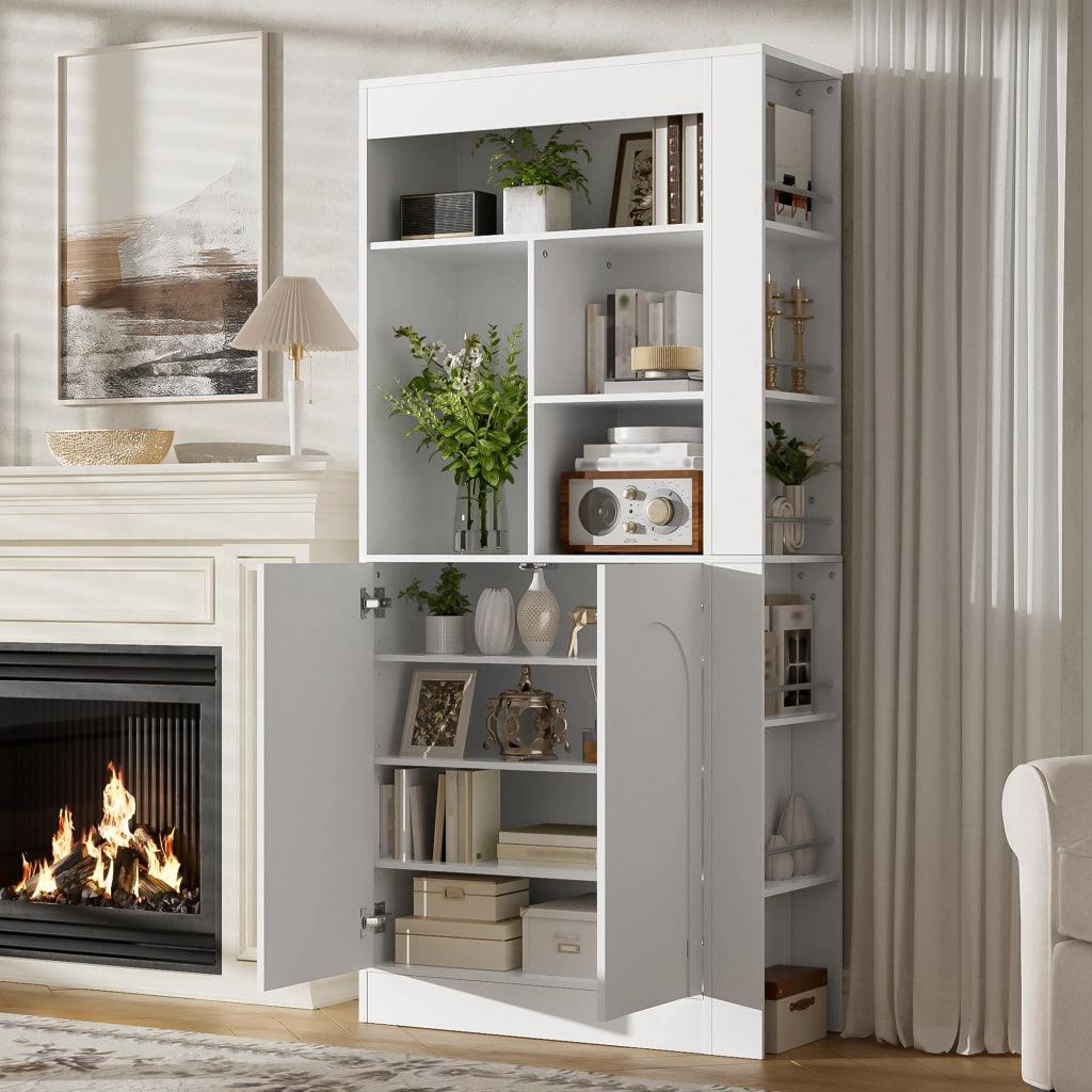 Mobile contenitore con 2 ante e ripiani aperti per soggiorno; 85×35×180 cm; bianco