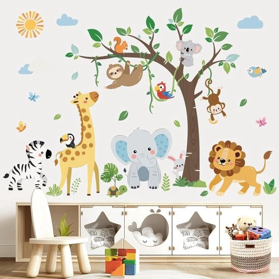 Sticker Muraletti Jungle Dinosauri e Animali Selvatici per Bambini con Giraffa, Elefante, Leone, Scimmia per Decorazione Mura per Camera da Bambini e Sala da Pranzo