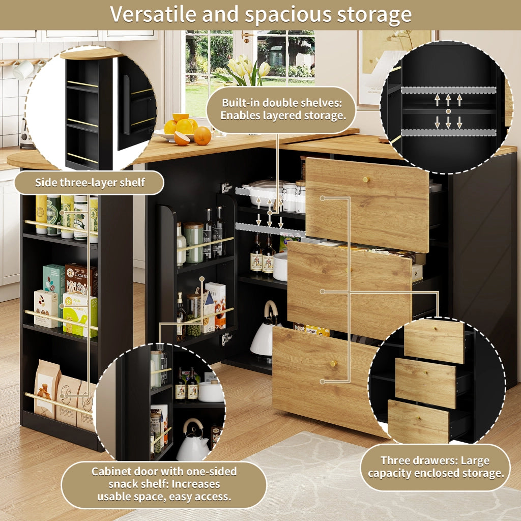 OKWISH Tavolo da Bar con 3 Cassetti e 5 Ripiani, Piano Girevole ed Estensibile, per Cucina e Soggiorno, Nero, 138-204×39×104 cm