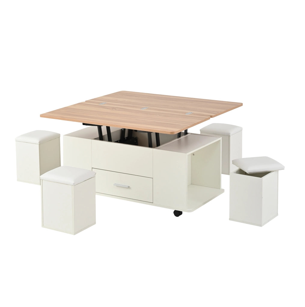 Tavolino trasformabile 100x50x45 cm con alzata idraulica; 4 sgabelli contenitore; legno; bianco naturale