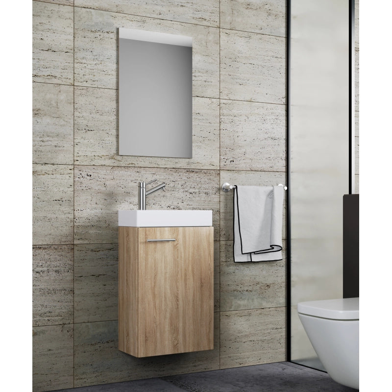 LineaViva Mobile Sospeso con lavabo in ceramica di alta qualità e specchio, Rovere Sonoma , lavabo Bianco