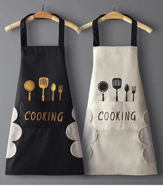 2 pacchi di grembiuli da cucina con asciugamano, impermeabili, con 2 tasche, grembiuli da cucina per chef uomini e donne (nero + bianco)