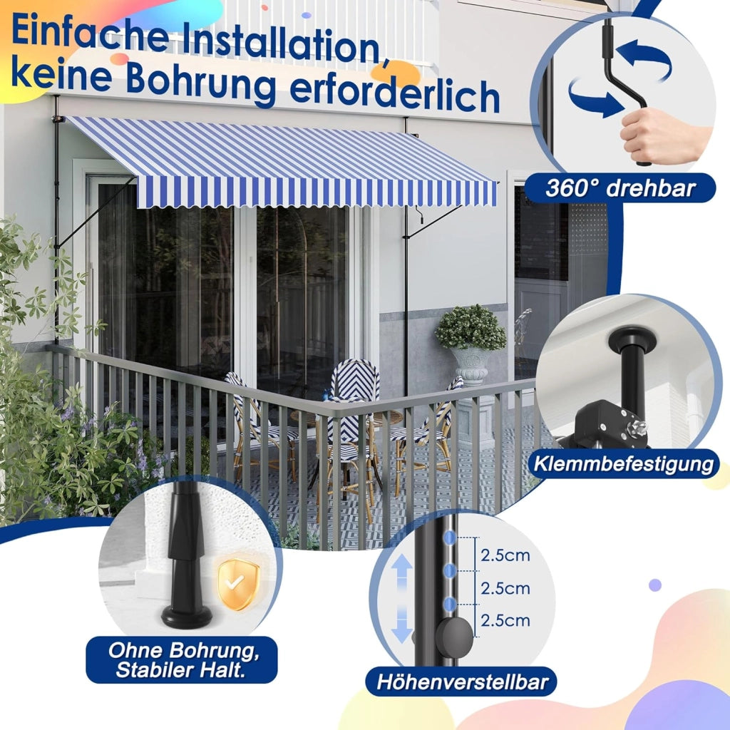 Tenda da sole da balcone, larghezza 400 cm, senza foratura, con manovella, regolabile in altezza, protezione solare resistente alle intemperie, 400 x 120 cm, strisce blu