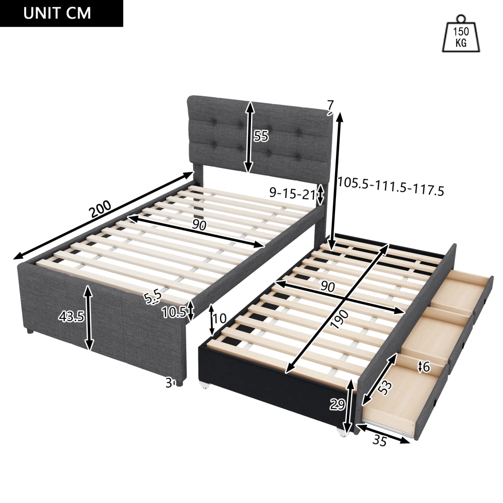 LETTO imbottito estraibile 90x200 cm grigio in lino con 3 cassetti