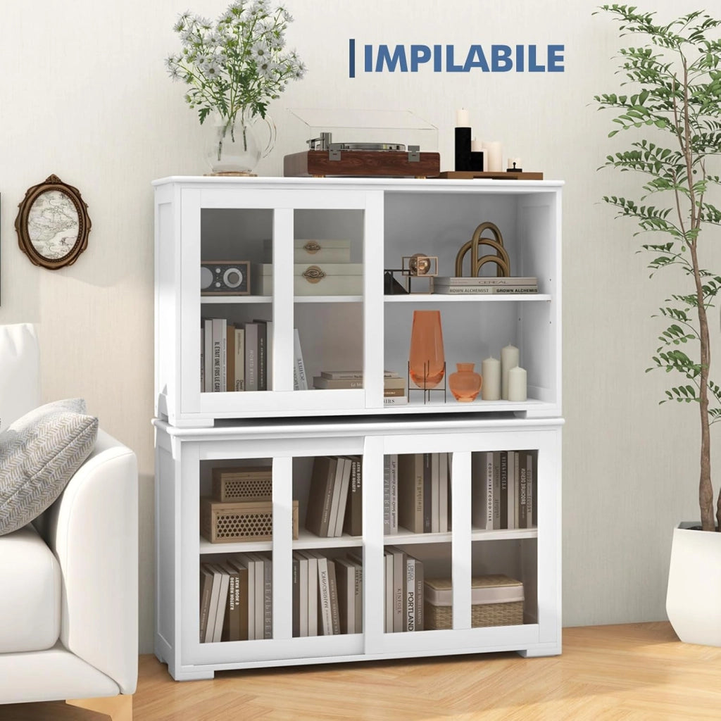 Armadietto da Cucina Mobile Laterale Multiuso con Ante Scorrevoli, in MDF e Vetro, 106,5 x 33 x 62,5 cm (Bianco)