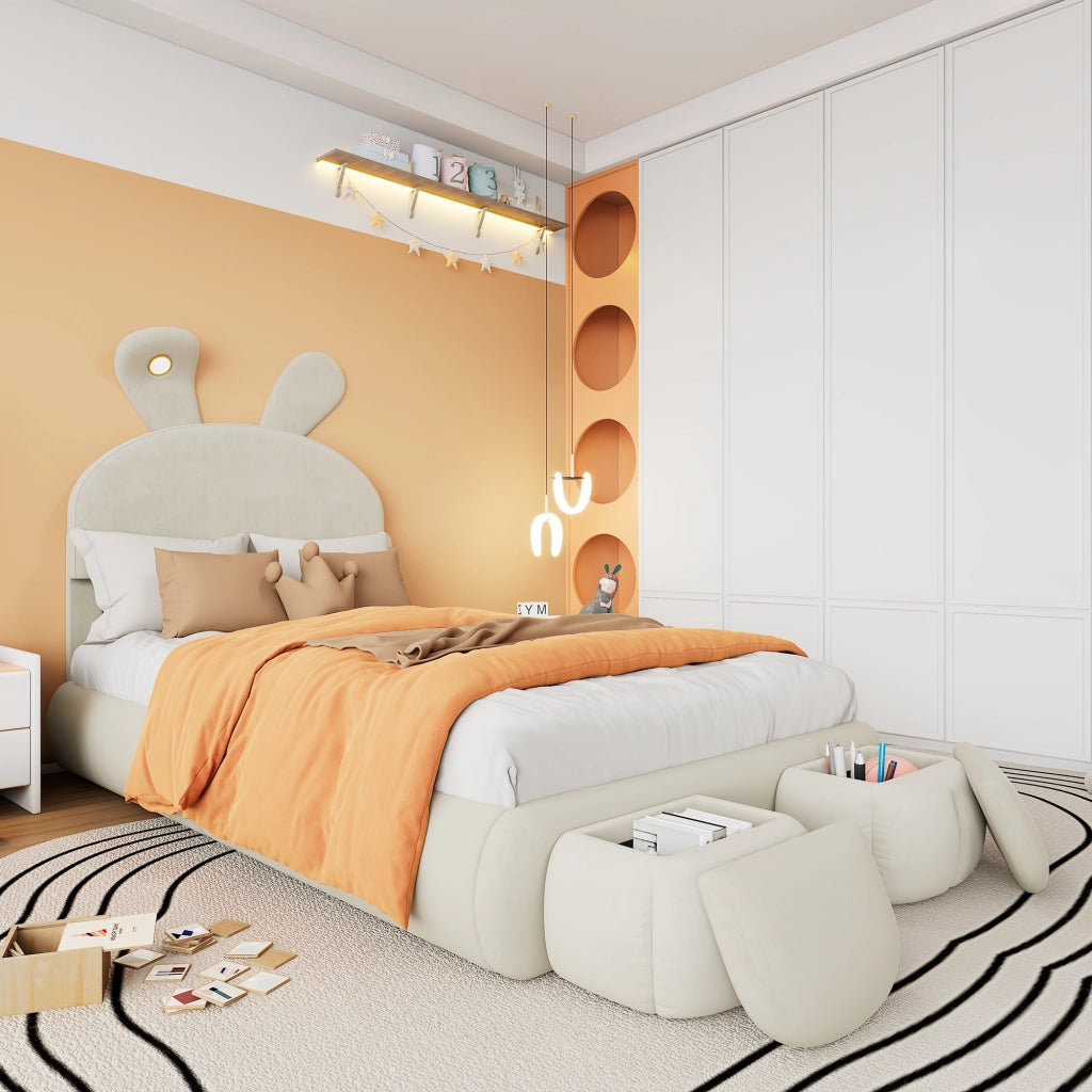 DESMIU Letto per bambini 1 posto con LED regolabile e 2 pouf contenitore, 90 × 200 cm, senza materasso, beige