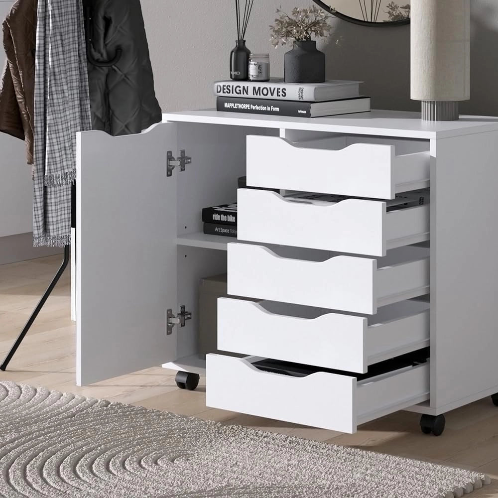 Credenza Otwin, Bianco, 40.6 x 61.5 cm con 5 cassetti e 1 anta, per la conservazione di abbigliamento e oggetti per la casa
