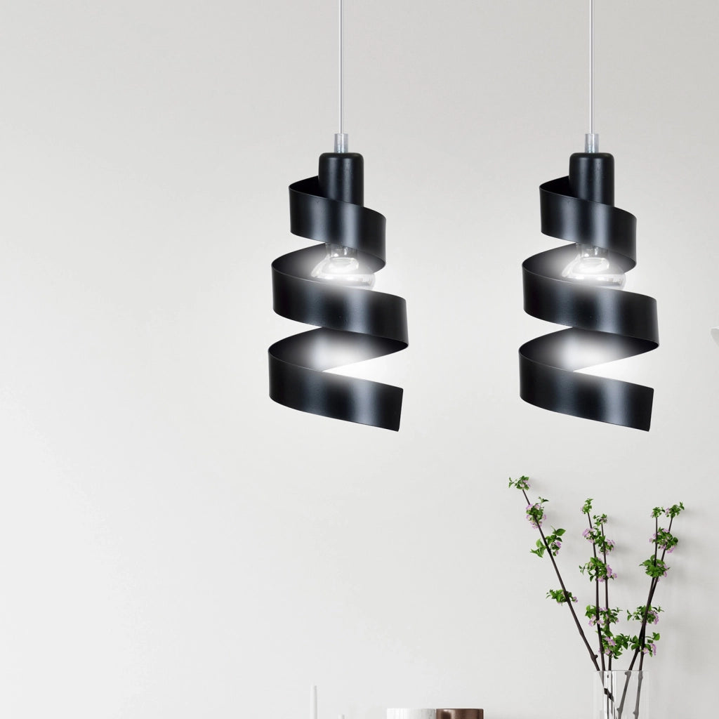 Lampadario Moderno 2 Luci Tristano In Acciaio Nero Con Fasce A Spirale