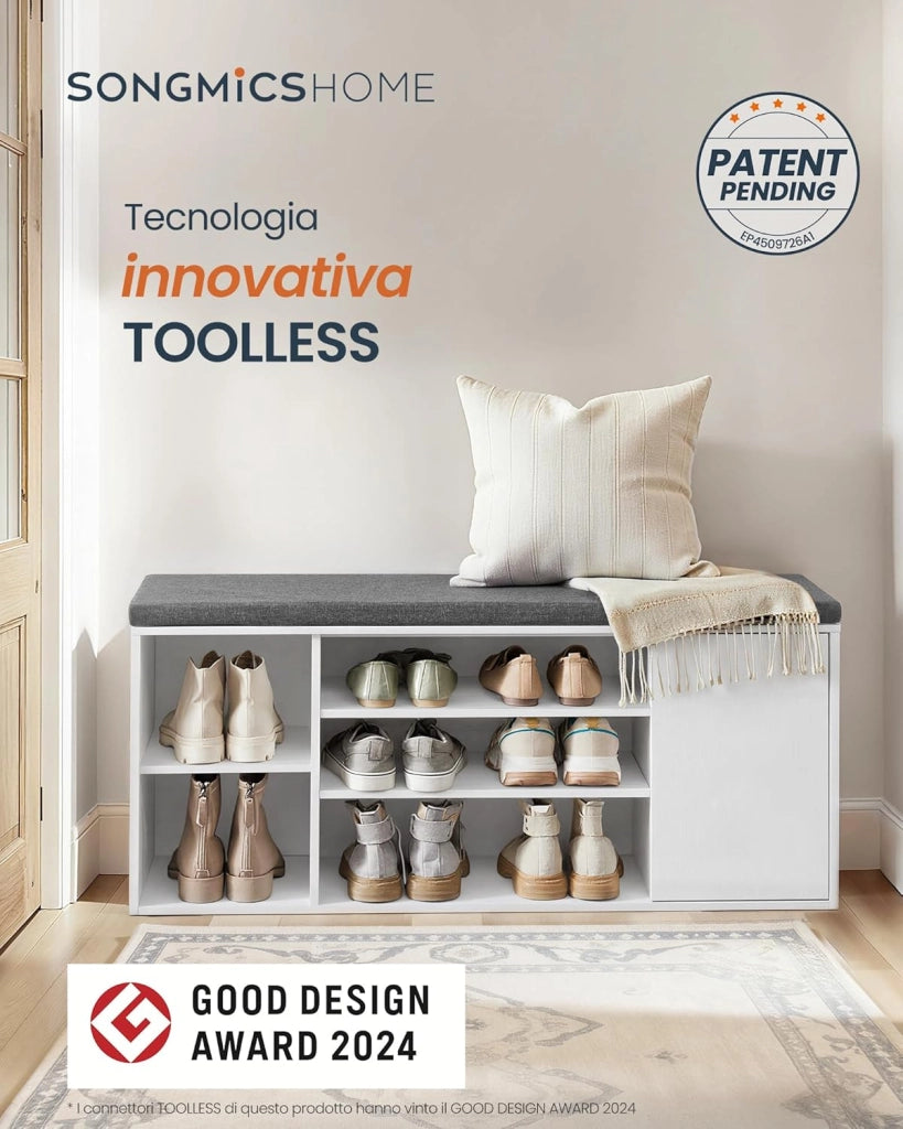 SONGMICS HOME Panca Scarpiera, Montaggio Rapido Senza Attrezzi Toolless, Panchina con Scomparti Aperti, Ripiani Regolabili, Portascarpe, Bianco Neve e Grigio Ardesia LHS391WE01