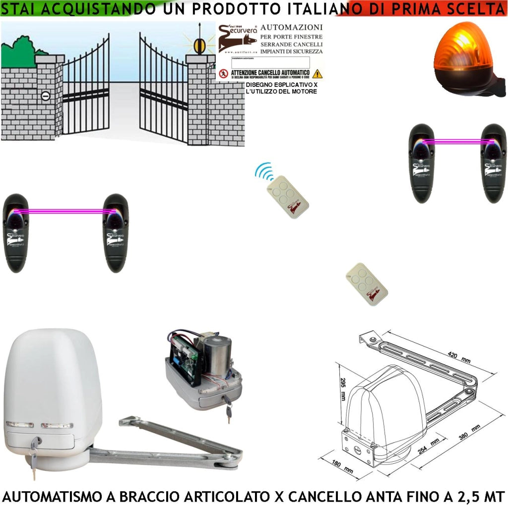 CANCELLO AUTOMATICO KIT MOTORE A BRACCIO ARTICOLATO 220/24 V ANTA BATTENTE DA 0,5 A 2,5 MT CENTRALE 2 RADIOCOMANDI FARO 2 FOTOCELLULE