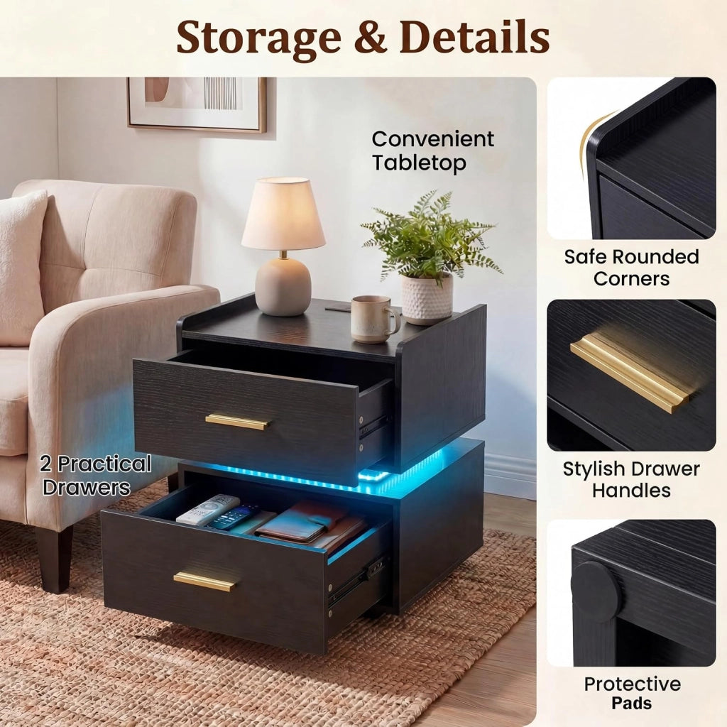 Comodino con stazione di ricarica, comodino con illuminazione a LED e telecomando, 2 cassetti, per soggiorno, camera da letto, ufficio, 45 x 40 x 48 cm (nero)