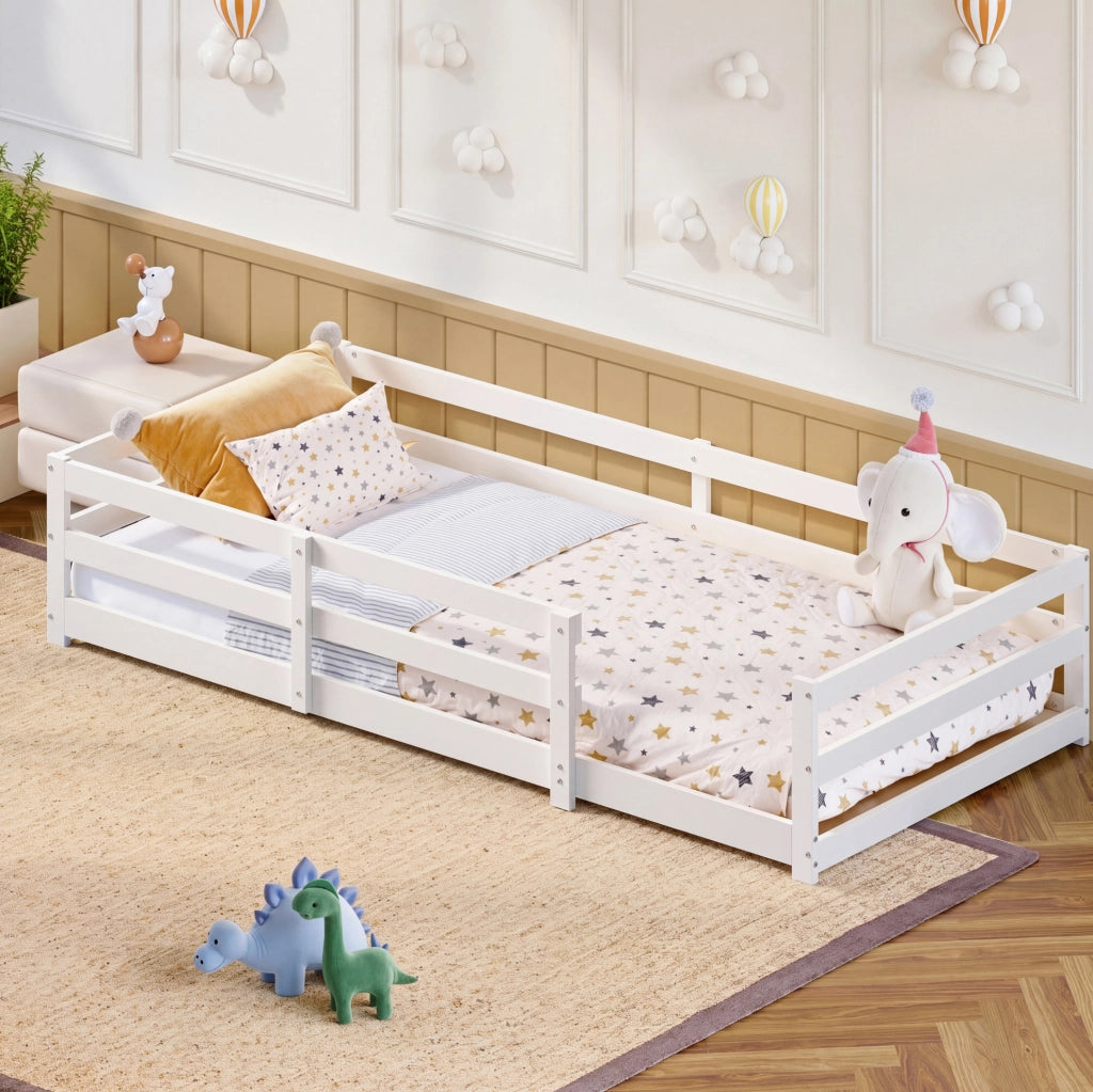 Letto Montessori per bambini in legno di pino 90x200 cm con barriera bianca