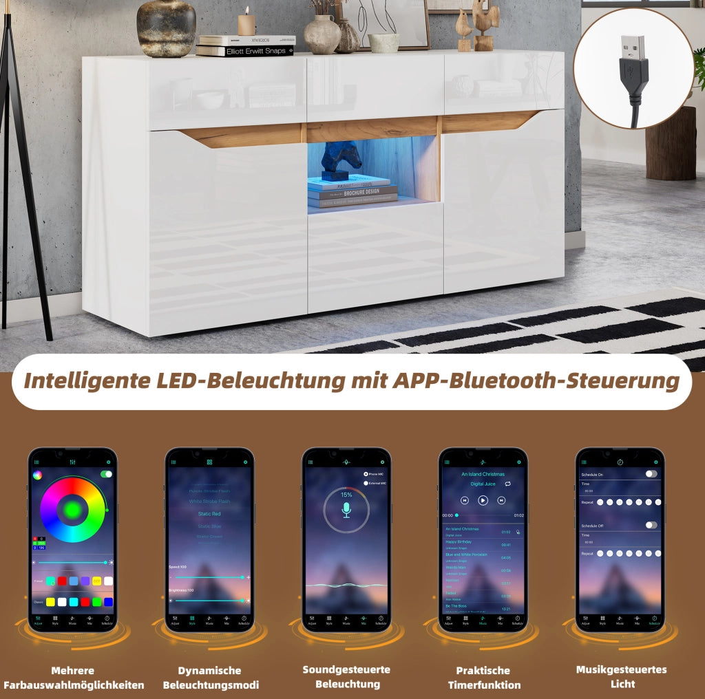 Madia con LED, 4 cassetti e 2 vani, bianco e legno