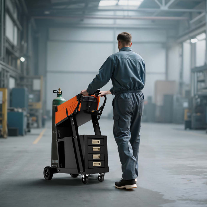 Carrello saldatrice con 4 cassetti, porta attrezzi per saldatura, in acciaio con 4 ruote, portata fino a 100 kg, con spazio per bombola di gas, per officina