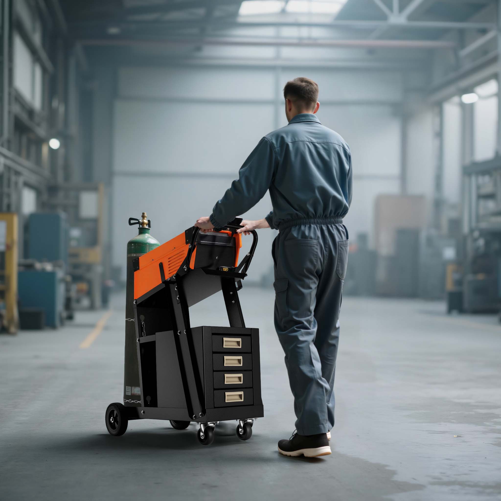 Carrello saldatrice con 4 cassetti, porta attrezzi per saldatura, in acciaio con 4 ruote, portata fino a 100 kg, con spazio per bombola di gas, per officina