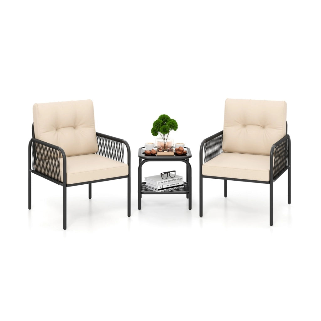 Set di mobili in rattan con tavolo in vetro temperato per esterni per veranda, Set bistro da Patio 3 pezzi Nero+ Beige-Set mobili da esterno