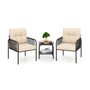 Set di mobili in rattan con tavolo in vetro temperato per esterni per veranda, Set bistro da Patio 3 pezzi Nero+ Beige-Set mobili da esterno