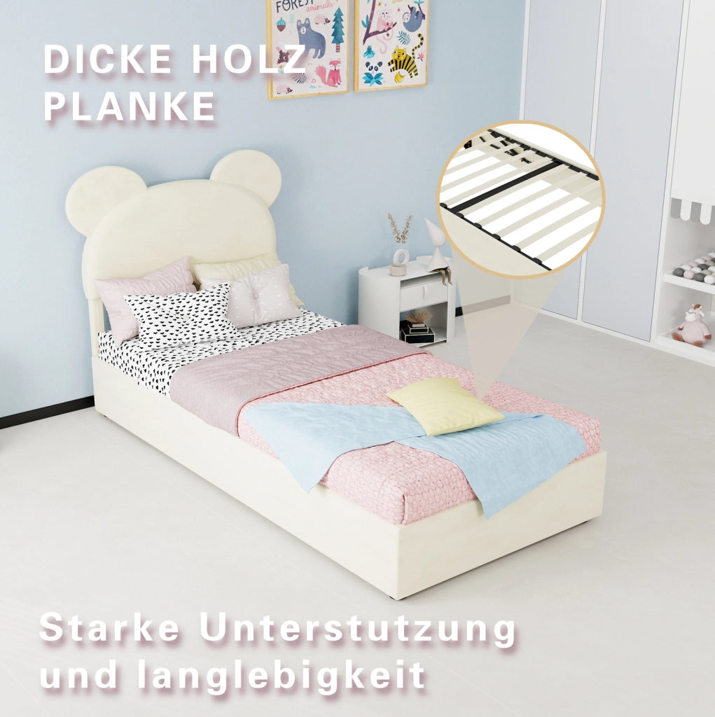 Letto imbottito 90 x 200 cm con vano contenitore a sollevamento pneumatico; beige