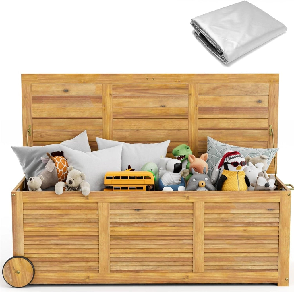 Contenitore per cuscini in legno di acacia, 182 l, con ruote, con tasca interna, cassapanca da giardino con manico, 127 x 50 x 45 cm