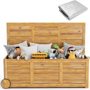 Contenitore per cuscini in legno di acacia, 182 l, con ruote, con tasca interna, cassapanca da giardino con manico, 127 x 50 x 45 cm