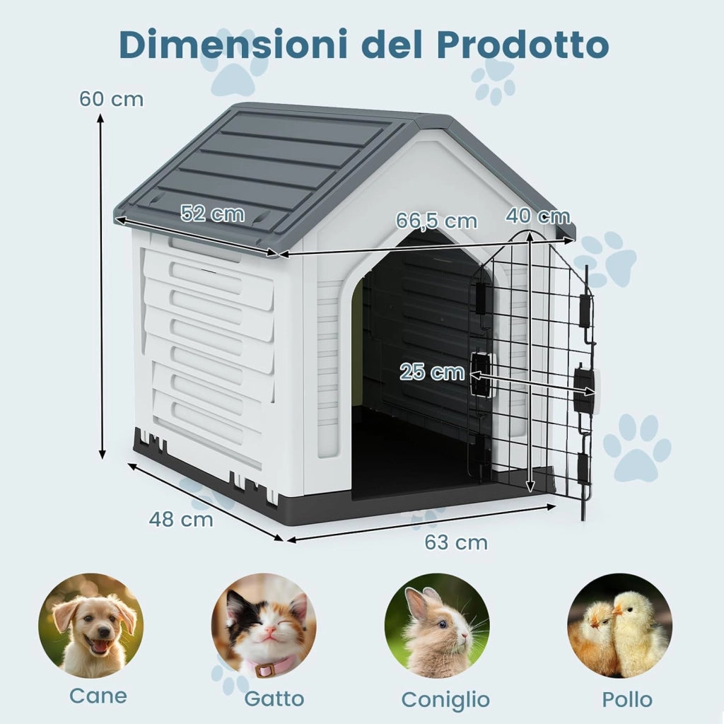 Cuccia per Cani da Esterno ed Interno, Cassetta per Cani Impermeabile con Porta in Metallo Bloccabile e Prese d'aria e Tetto Spiovente, Cucce per Cuccioli per Casa, 66,5 x 52 x 60 cm (Grigio)