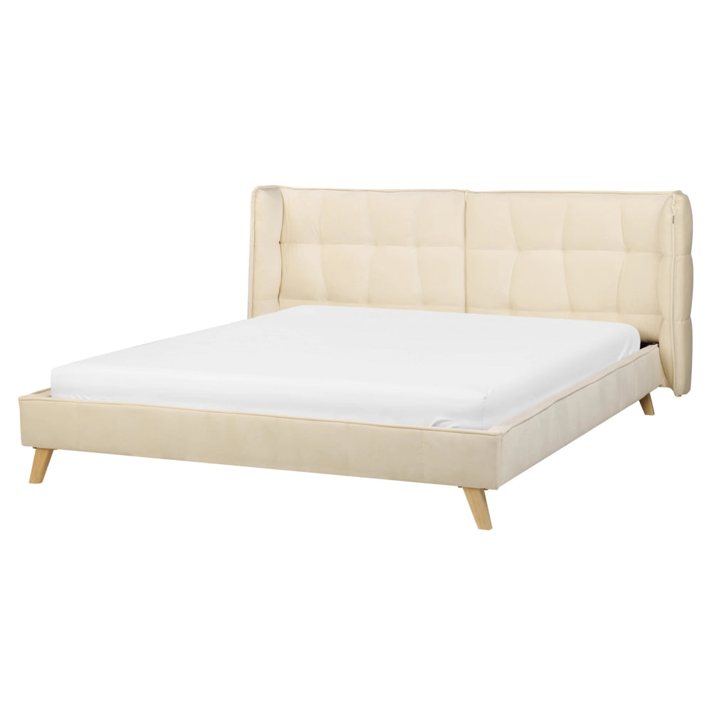 Letto Tappezzeria trapuntata in velluto beige Gambe in legno chiaro 160 x 200 cm doghe con testiera regolabile Wingback