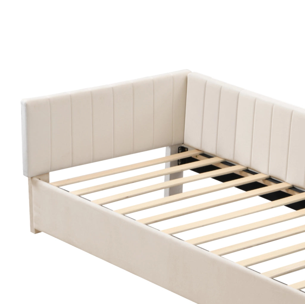 Letto imbottito 90x200 cm con rete a doghe; in velluto beige