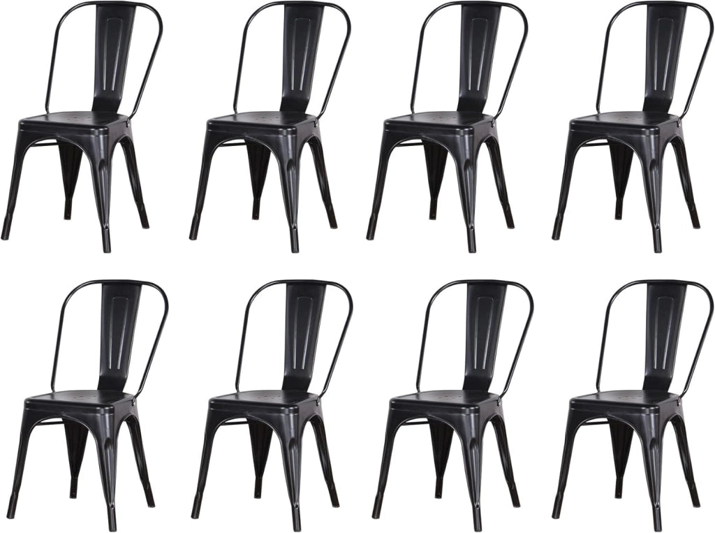 GrandCA HOME Set di 8 Sedie Industriali in Metallo, Sedie da Pranzo Impilabili in Stile Vintage, Adatte per Sedie da Giardino per Esterni o Interni Sedie da Patio, Nero