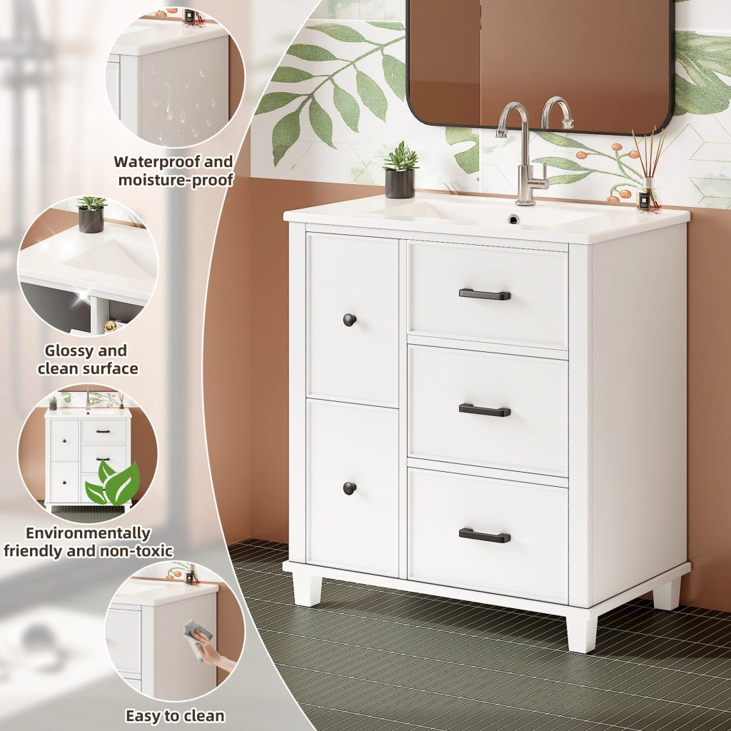 Mobile sottolavabo con lavabo in ceramica integrato 4 cassetti e 1 ribalta MDF bianco 76,5 × 47 × 83,5 cm