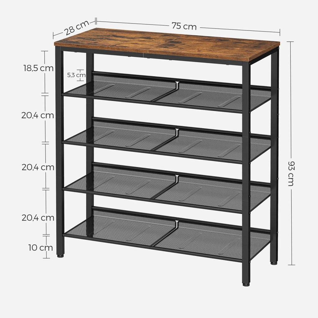 Scarpiera a 5 ripiani organizer per scarpe con 4 ripiani in filo metallico e 1 ampio ripiano superiore per borse scaffale per ingresso in metallo marrone industriale 12_0005600