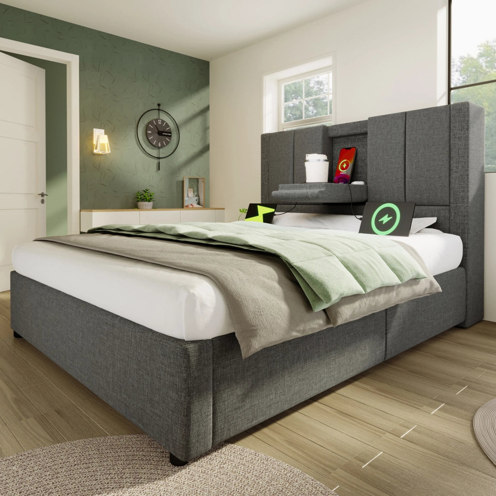 Letto singolo imbottito 90x200 cm con contenitore; portabicchiere e stazione di ricarica; grigio