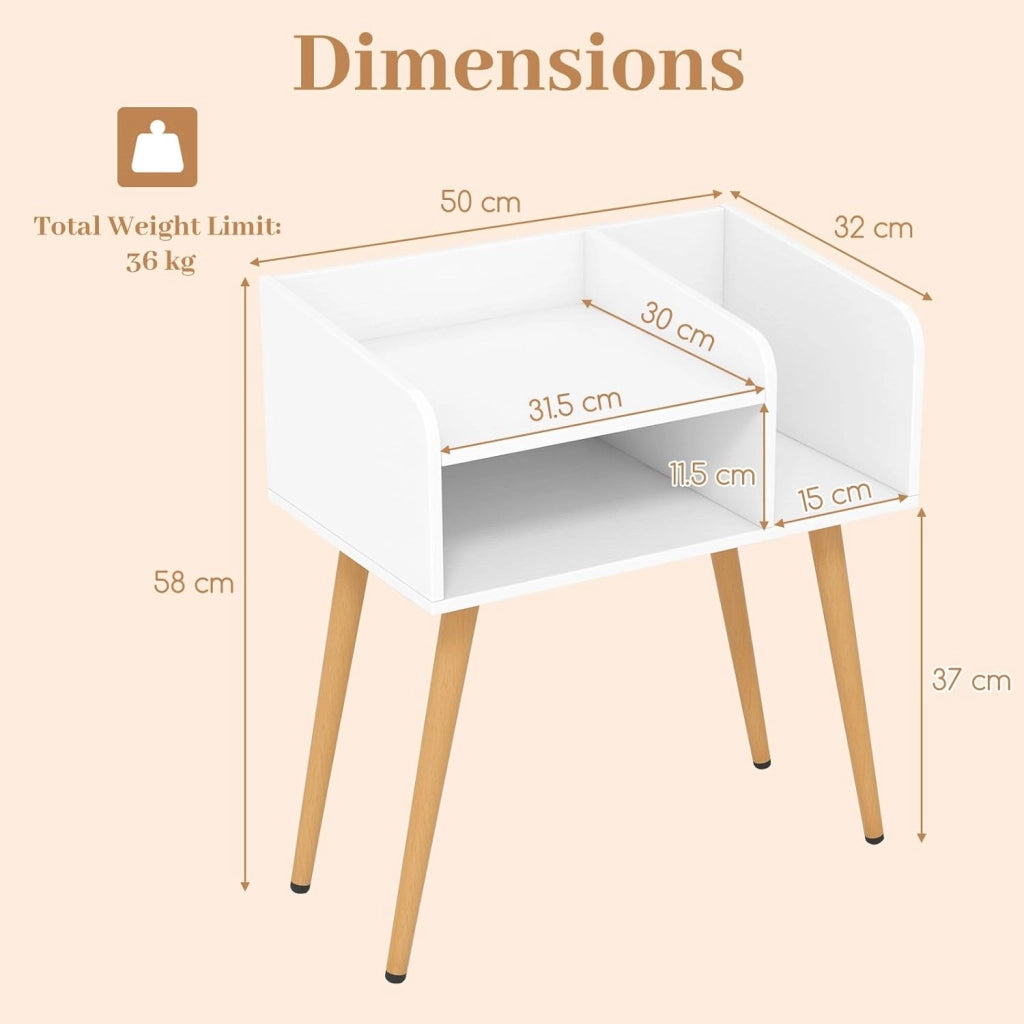 Comodino, comodino con 3 scomparti aperti, tavolino in legno con 4 gambe di supporto in metallo, comodino per soggiorno, camera da letto, 50 x 32 x 58 cm (bianco + naturale)