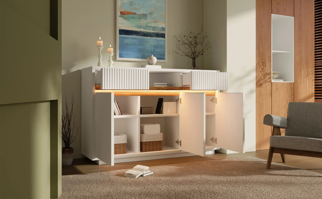 Credenza con LED 2 cassetti 3 ante e ripiani regolabili per soggiorno e ingresso bianca moderna 140 × 40 × 85 cm