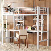 Letto a soppalco 90 × 200 cm con scrivania, 2 librerie e scala, senza materasso, in metallo bianco