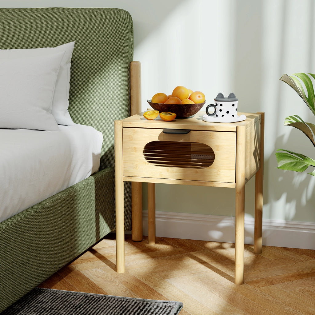 Comodino in bambù stile country con cassetto in vetro temperato design mid century-Tavolino da notte in bambù multifunzionale robusto