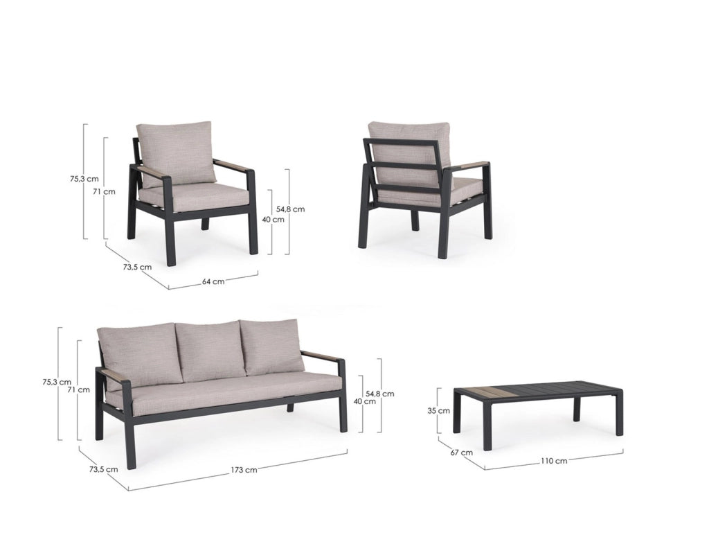 Set 4 Pezzi Salotto da Giardino con Divano 2 Poltrone e Tavolino in Alluminio e Polywood Elna Antracite