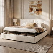 Letto matrimoniale 180x200 cm in Bouclé bianco con contenitore idraulico, rete a doghe e testiera imbottita