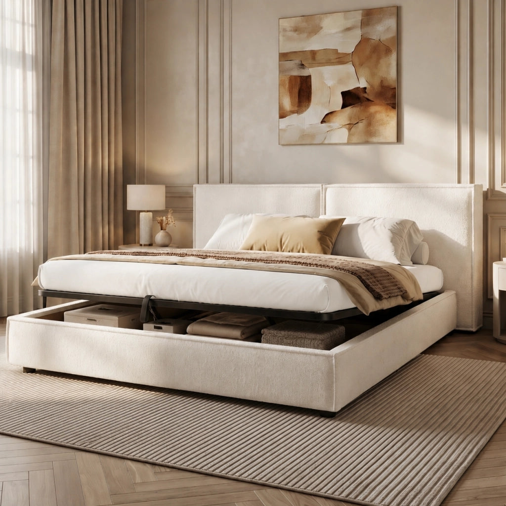 Letto matrimoniale 180x200 cm in Bouclé bianco con contenitore idraulico, rete a doghe e testiera imbottita