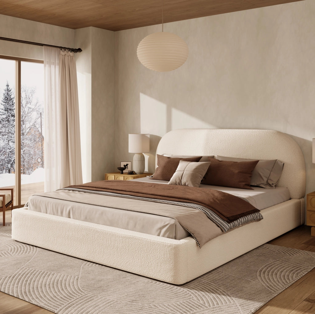 Letto matrimoniale imbottito 180 x 200 cm con rete; testiera bouclé beige