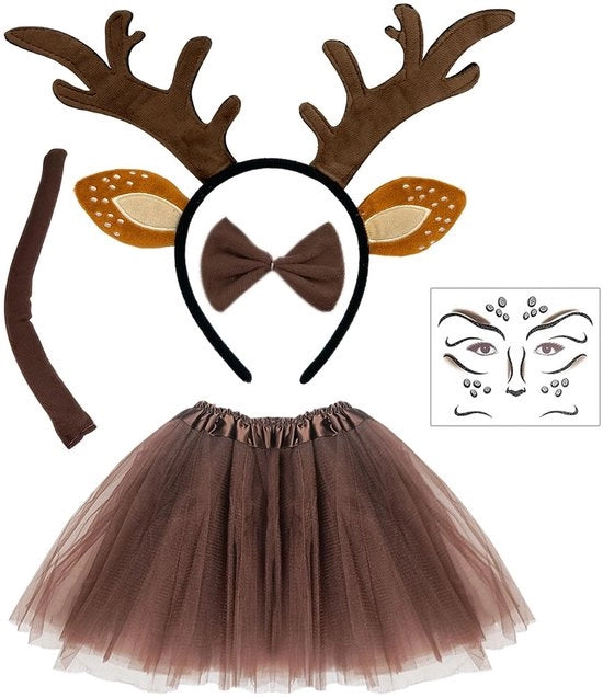 Costume per donna per Halloween/Carnaval/Kerst - Testa di Renna con Viso di Cervo - Corna - Coda di Renna - Farfalla - Tutu - Abito da Donna
