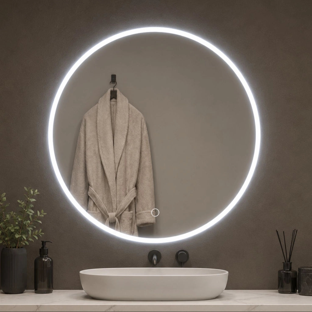 Specchio tondo led dimmerabile con interruttore touch per arredo bagno elegante da parete *** misura Ø80, tonalità ...