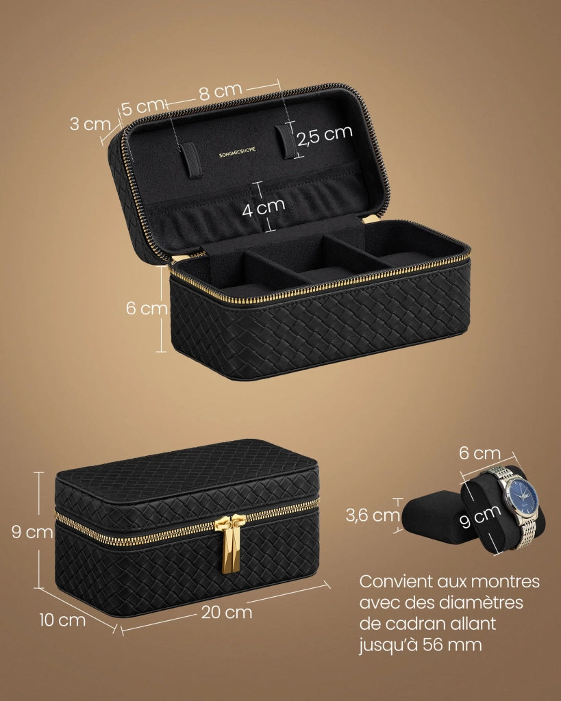 Custodia da viaggio per 3 orologi scatola porta orologi a 3 scomparti pelle PU intrecciata goffrata 10 x 20 x 9 cm nero 12_0006087